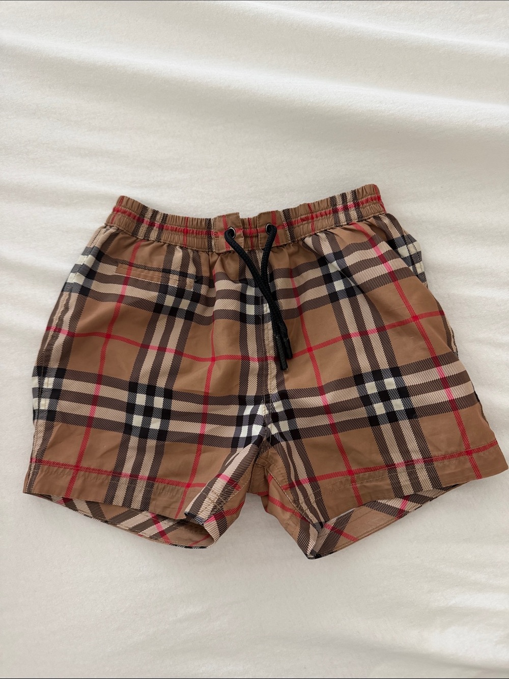 Burberry Kids Plaid Swim Shorts in Beige/Tan with Black Trim